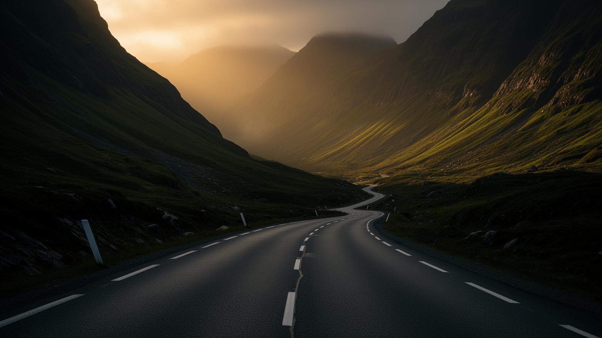 Estrada serpenteando por vale verde ao amanhecer